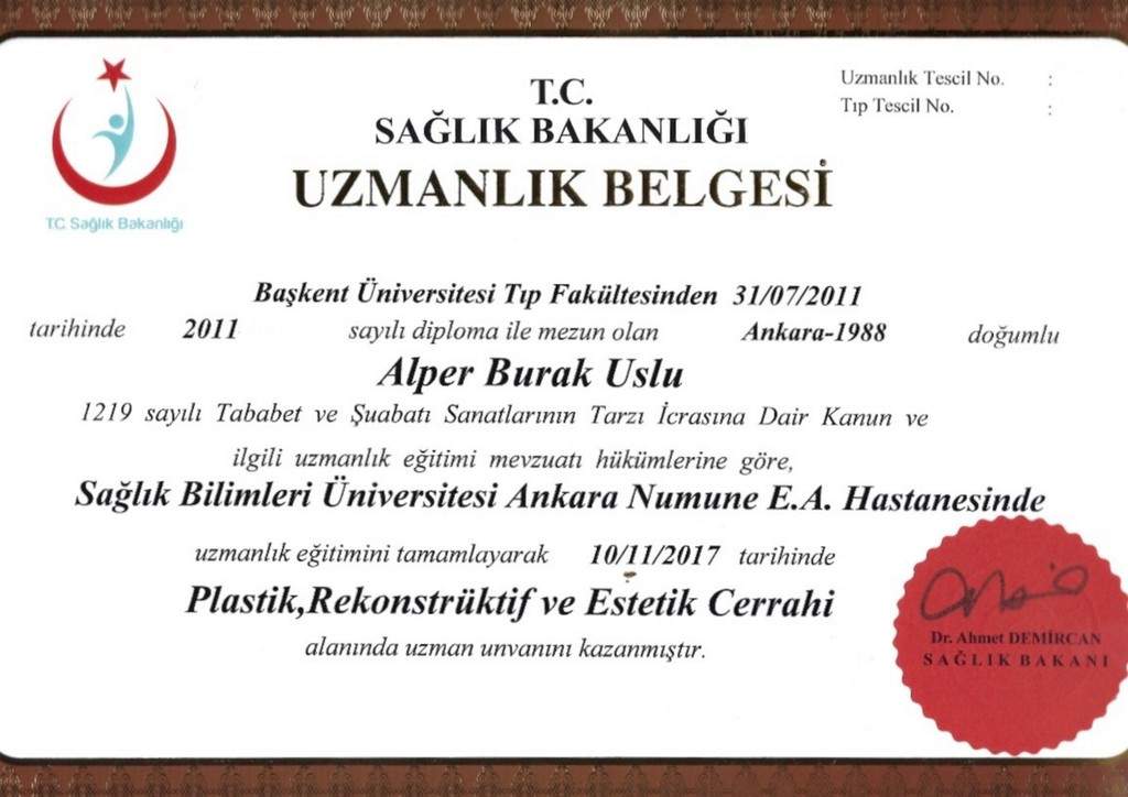 Sertifika · Op. Dr. Alper Burak Uslu