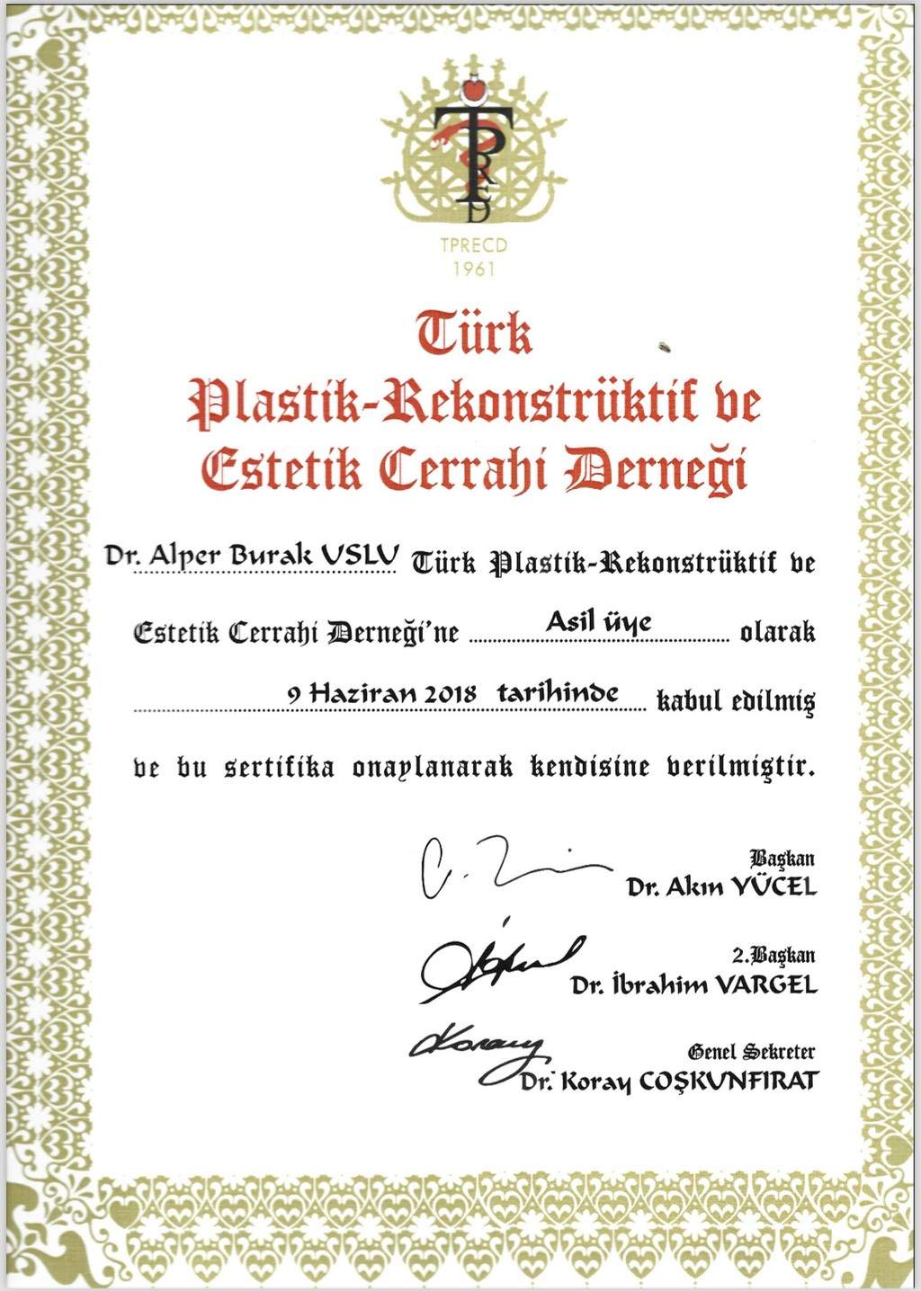 Sertifika · Op. Dr. Alper Burak Uslu